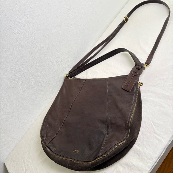 FOSSIL Gwen Hobo Expandable Leather and Suede Large Crossbody Shoulder Bag Purse - Picture 10 of 16